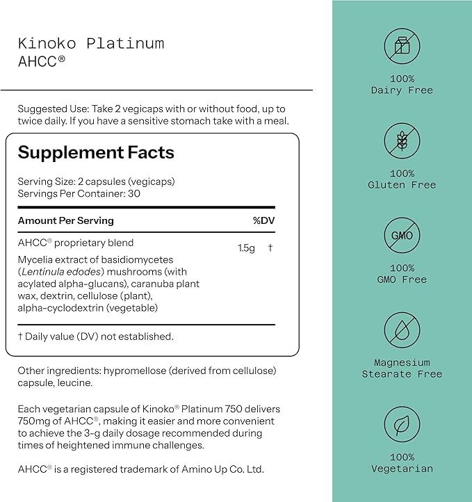 Quality of Life Kinoko Platinum AHCC 750mg – Advanced Immune Support & Liver Health Supplement – 60 Veggie Capsules