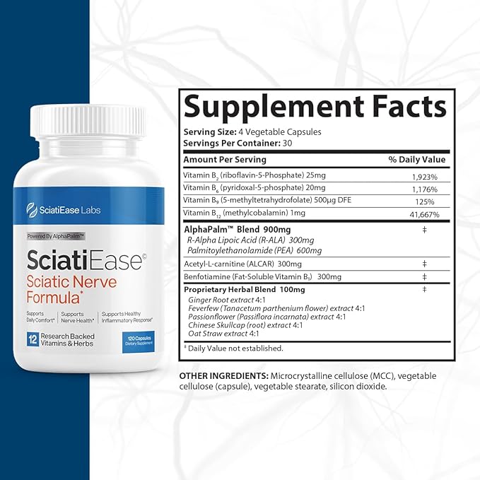 SciatiEase Sciatic Nerve Health Support Supplement – Advanced Nerve Support Formula with Alpha Lipoic Acid, PEA & B Vitamins – 120 Capsules