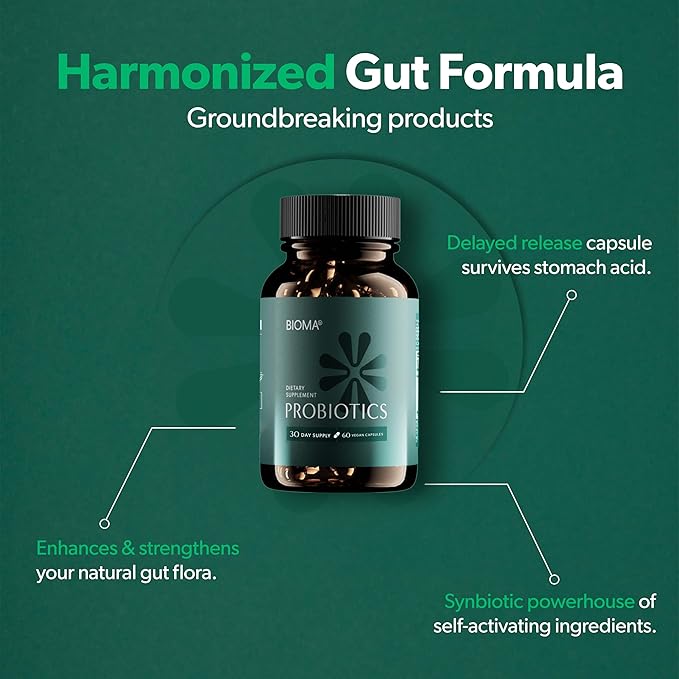 BIOMA Probiotics for Digestive Health – Gut Support for Men & Women with XOS Prebiotics, Tributyrin & Bifidobacterium – Vegan, Gluten-Free, 60 Capsules