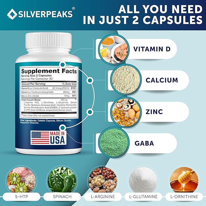 Growth Capsules to Grow Taller – Natural Height Growth Maximizer for Adults, Teens & Kids | Calcium & Herbal Formula for Bone Strength | USA Made, Hormone-Free Supplement